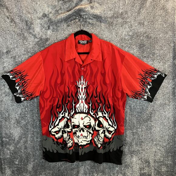 Dragonfly Shirt Mens 2XL Red Black Flames Skulls Button Up Camp Gothic Punk - Picture 1 of 12